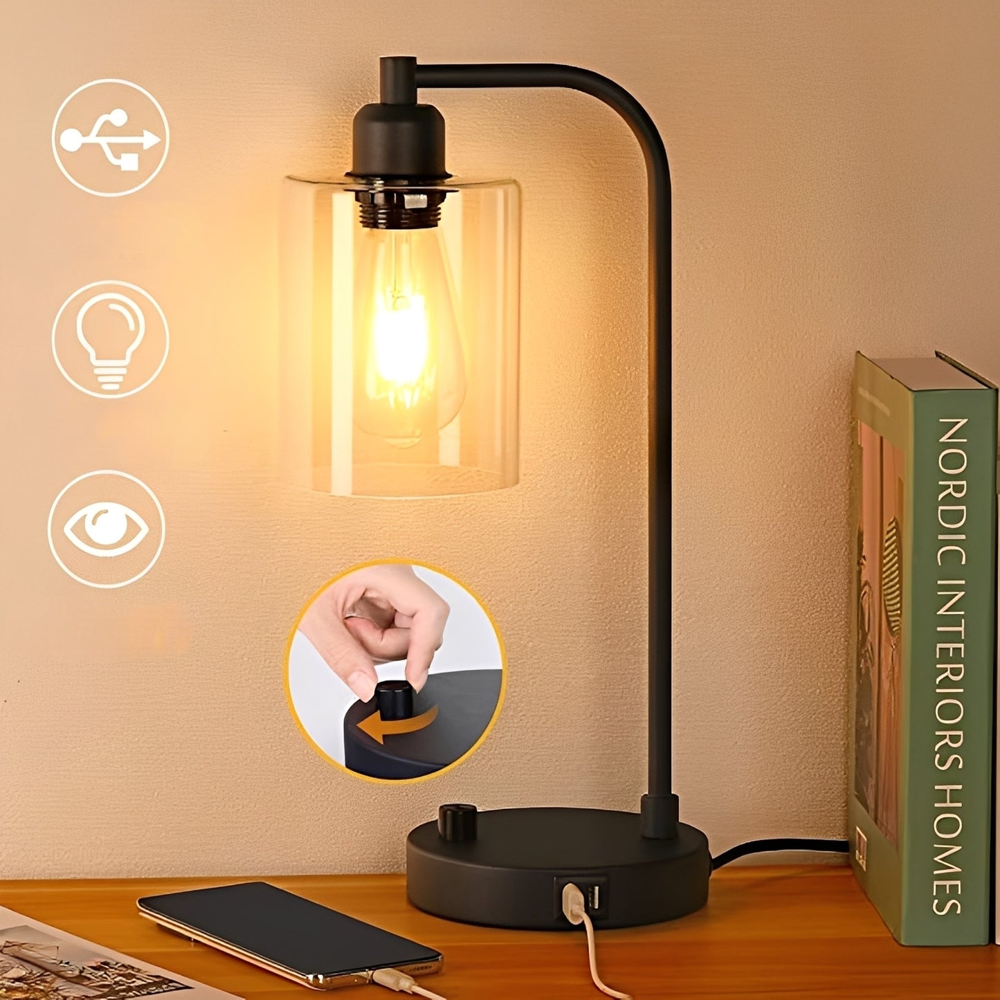Carmina – Nachttischlampe mit USB-Anschlüssen & Stufenloser Dimmung