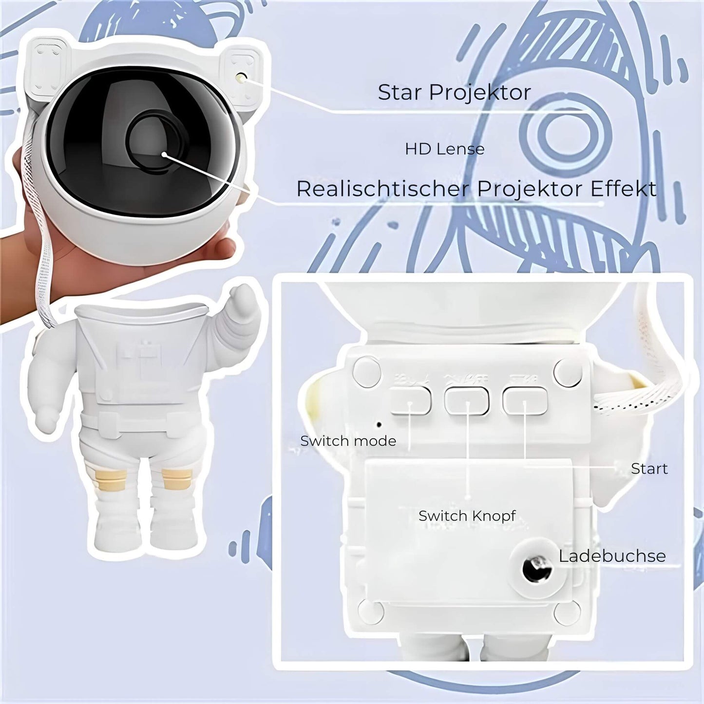 Galaktischer Projektor – Astronautenlampe mit bewegter Sternenhimmel-Projektion