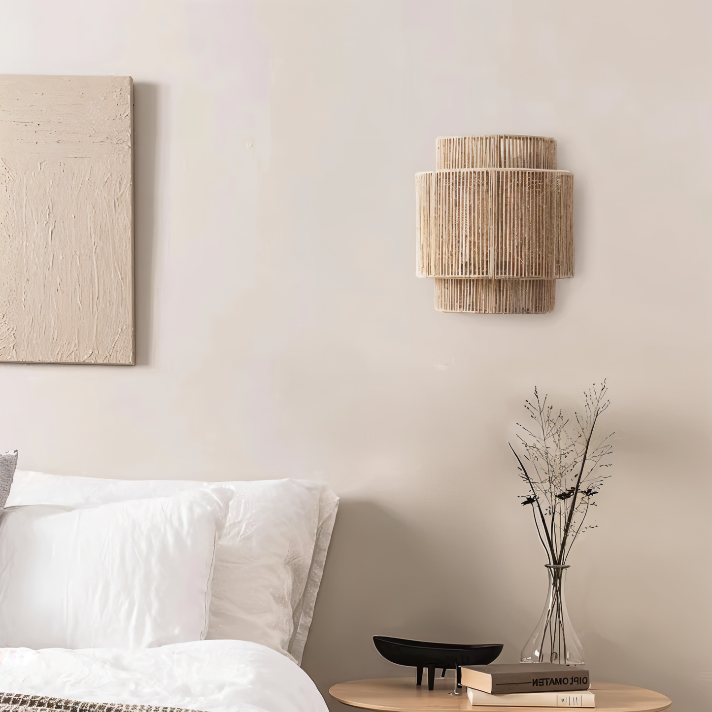 RustGlow Wandleuchte – Handgewebter Rattan-Schirm im Boho-Chic