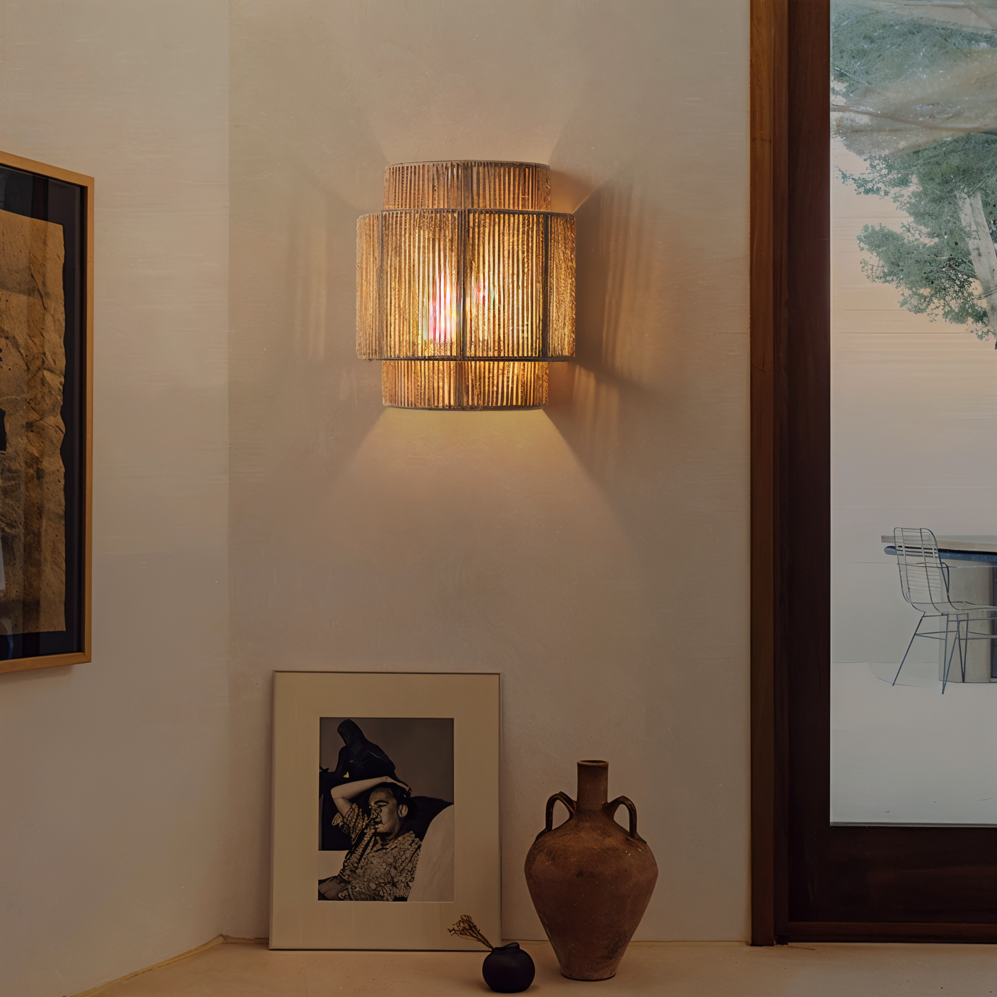 RustGlow Wandleuchte – Handgewebter Rattan-Schirm im Boho-Chic