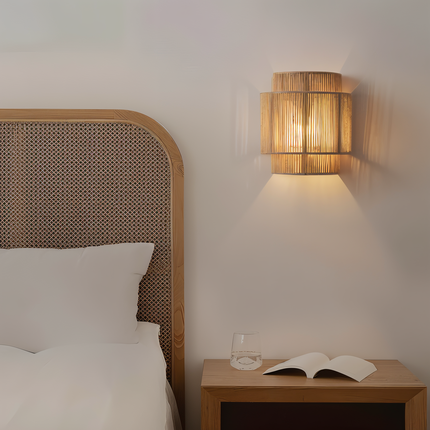 RustGlow Wandleuchte – Handgewebter Rattan-Schirm im Boho-Chic