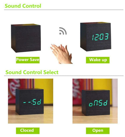 Digitaler Wecker in Holzwürfelform