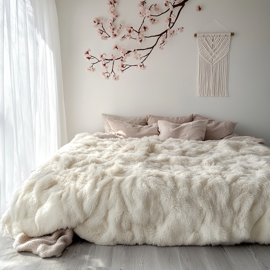 Hüllen Sie sich in den ultimativen Komfort mit dieser luxuriösen Kunstpelzdecke. Mit einer plüschigen und weichen Textur in einer eleganten Cremefarbe ist diese Decke perfekt, um Wärme und Stil in Ihr Schlafzimmer oder Ihren Wohnbereich zu bringen. Ihr übergroßes Design sorgt für ein Maximum an Gemütlichkeit und macht sie ideal zum Faulenzen, zum Überziehen Ihres Bettes oder zum Drapieren über einem Sofa für einen raffinierten Touch. Aus hochwertigen, langlebigen Materialien gefertigt, verbindet diese Kunst